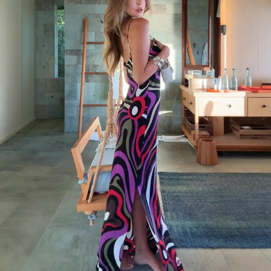 Sommer Bedruckte Satin Hosenträger Rückenfreie Lange Rock Kleider Für Frauen Side Split Secy V-ausschnitt Elegante Abend Party Maxi Kleid Y2k