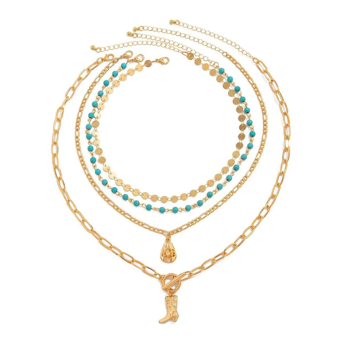 Ingemark​ 4Pcs/Set Boho Cowboy Blue Stone Hat Boot Pendant Necklace for Women Vintage Punk Metal Clavicle Chain Jewelry 2025 New
