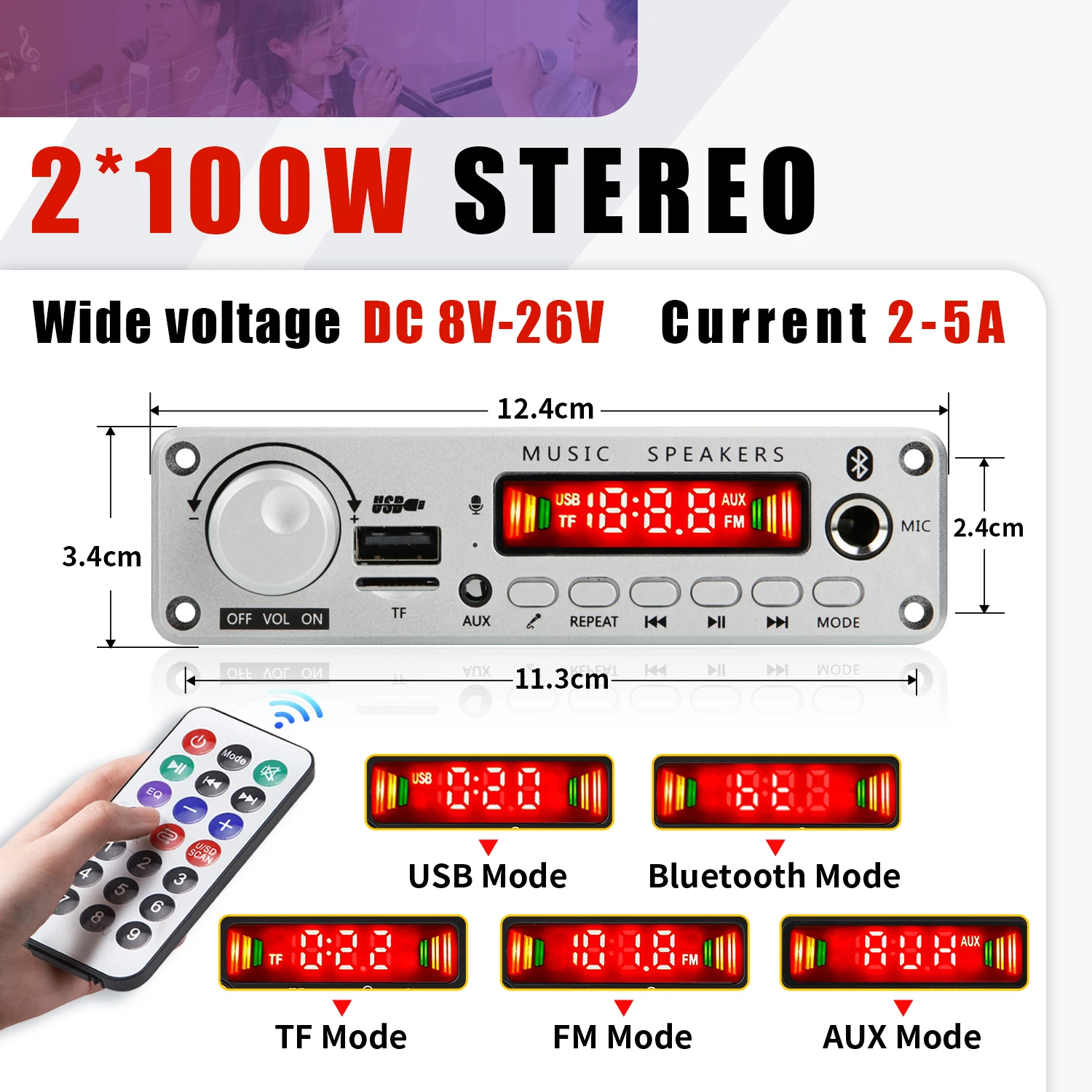 200W DIY Home Digital Amplifier MP3 Decoder Board 12V 100W Audio Power Bluetooth FM For Music Subwoofer Speakers Volume Control