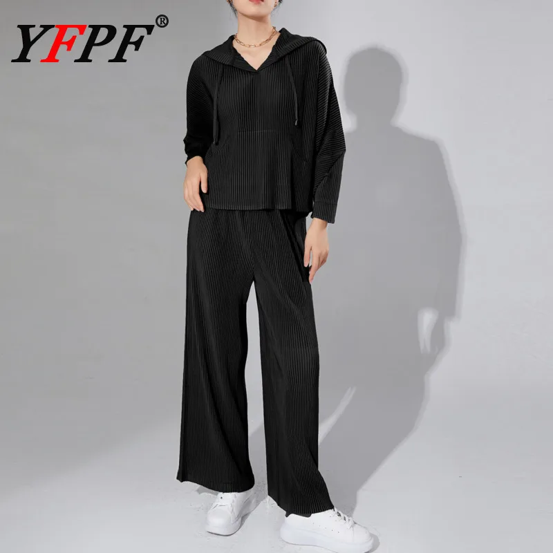 

YFPF Pleated Design Casual 2 Piece Set Women Fashion Hooded Drawstring Tops + Wide Leg Long Pants Fashion 2025 Autumn New