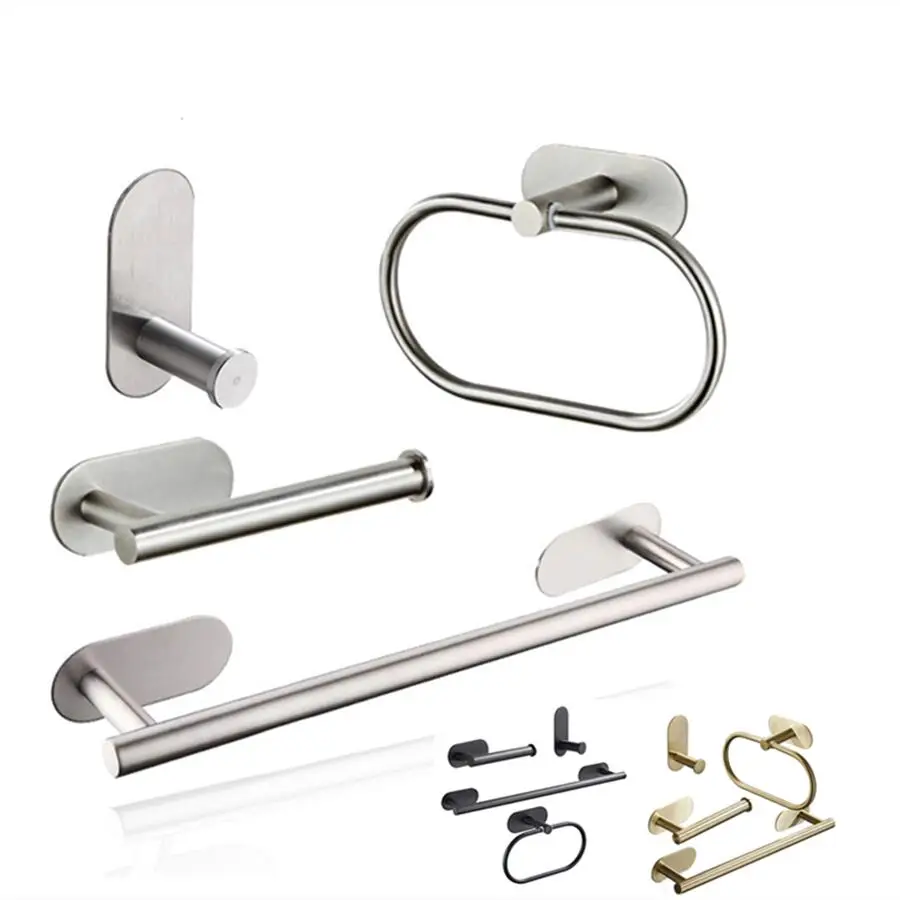 Newest Bathroom Hardware Set  Adhesive Sticker 304 Stainless Steel Brushed Towel Bar Paper Holder Accessories Set Without Nails