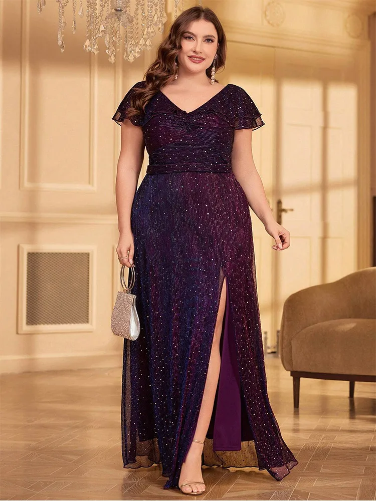 Plus Size V-Neck Purple Colorful Polka Dot Floor-Length Bridesmaid Dress Big Size Banquet Festival Evening Dress Women