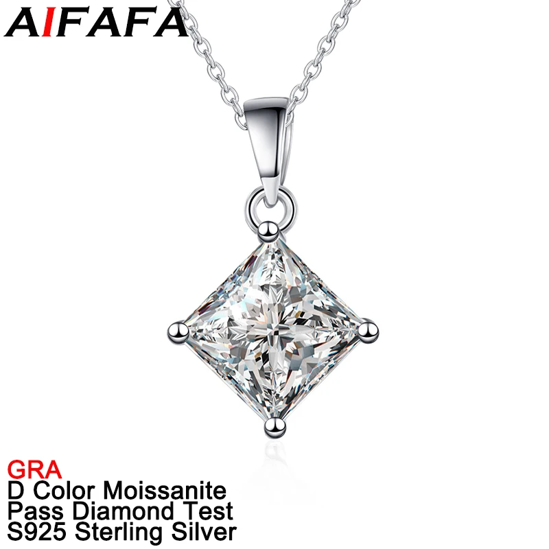 

AIFAFA 2 Carat Real Square Moissanite Pendant Necklace Princess Cut Top Quality Lab Diamond Shine Gemstone S925 Silver Jewelry