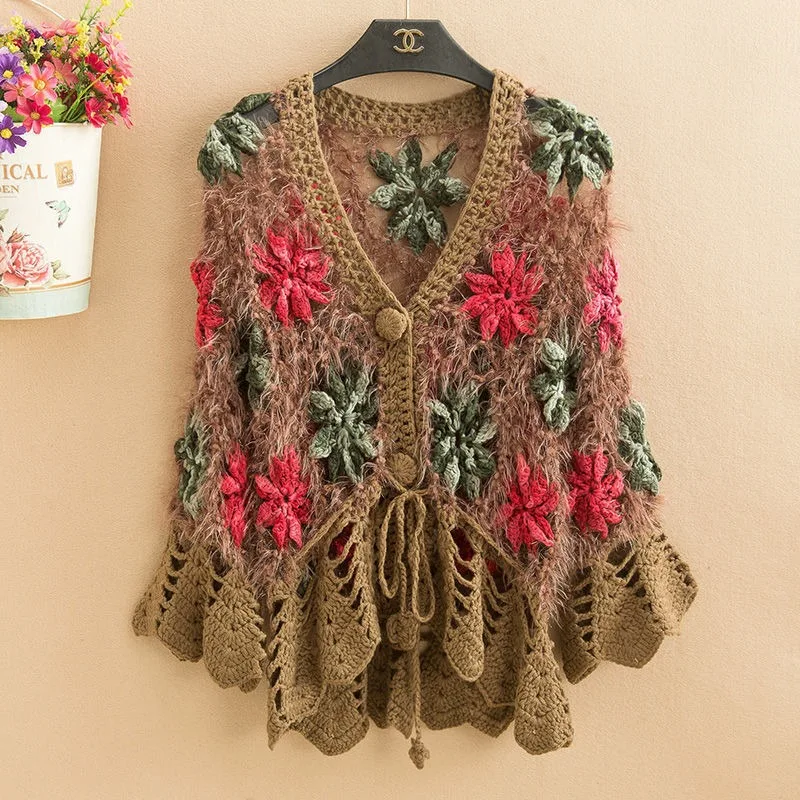 

Three-Dimensional Flower Openwork Crocheted Sweater Cardigan Women's Spring And Autumn New Heavy Industry Joker Sweater 3XL Coat
