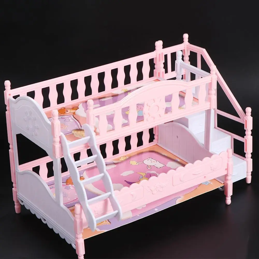 Dollhouse Cama dupla Simulação Escadas, Beliche, Cama princesa de plástico, Boneca BJD Acessórios