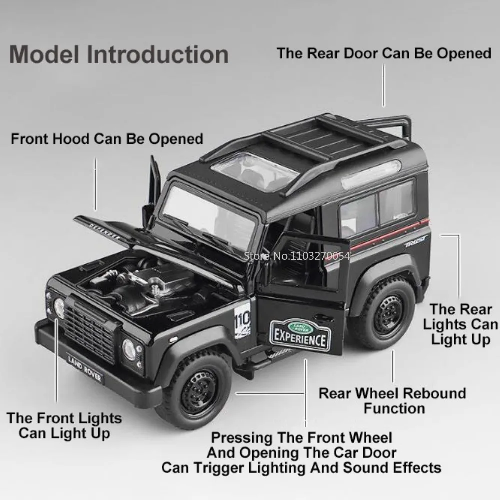 1/32 Land Rover Defender Alloy Toy Car Model Simulated Interior Design Sound Light Pull Back Toy Vehicles for Boy Birthday Gifts