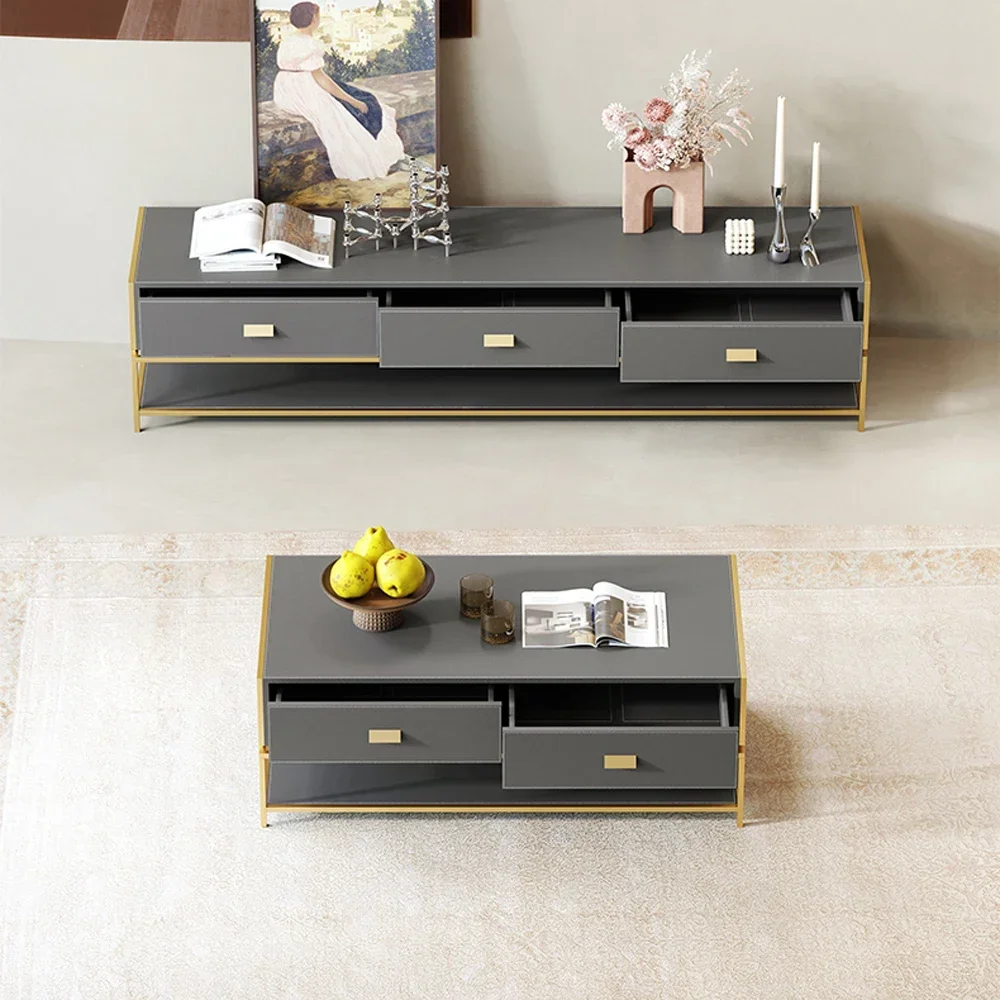 

#Modern custom grey blue bridle leather gold metal tv stand with coffee table set tea table and tv cabinet combination