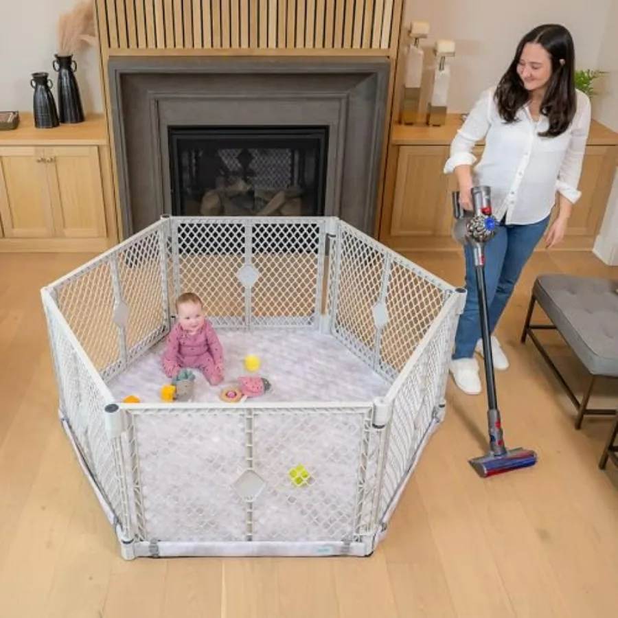 

Игровой манеж Toddleroo Superyard Nook Bundle, 6-панельный, светло-серый, с ковриком SecureMat Clouds, портативный, для дома и улицы