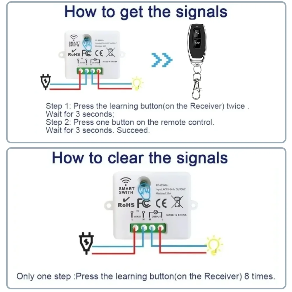 รีเลย์ควบคุมแม่เหล็กขนาดเล็ก 110V 220V 10A, สำหรับหลอดไฟในบ้าน, พัดลม, ทีวี LED, โมดูลสวิตช์ติดผนังควบคุมระยะไกลไร้สาย RF433
