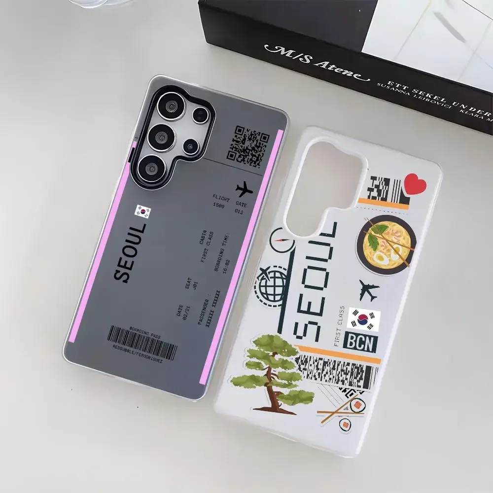 Travel Plane Ticket Korea Phone Case For Samsung Galaxy S25 S24 S23 Ultra Jelly Clear Case Soft TPU 2-in-1 Shockproof Cover
