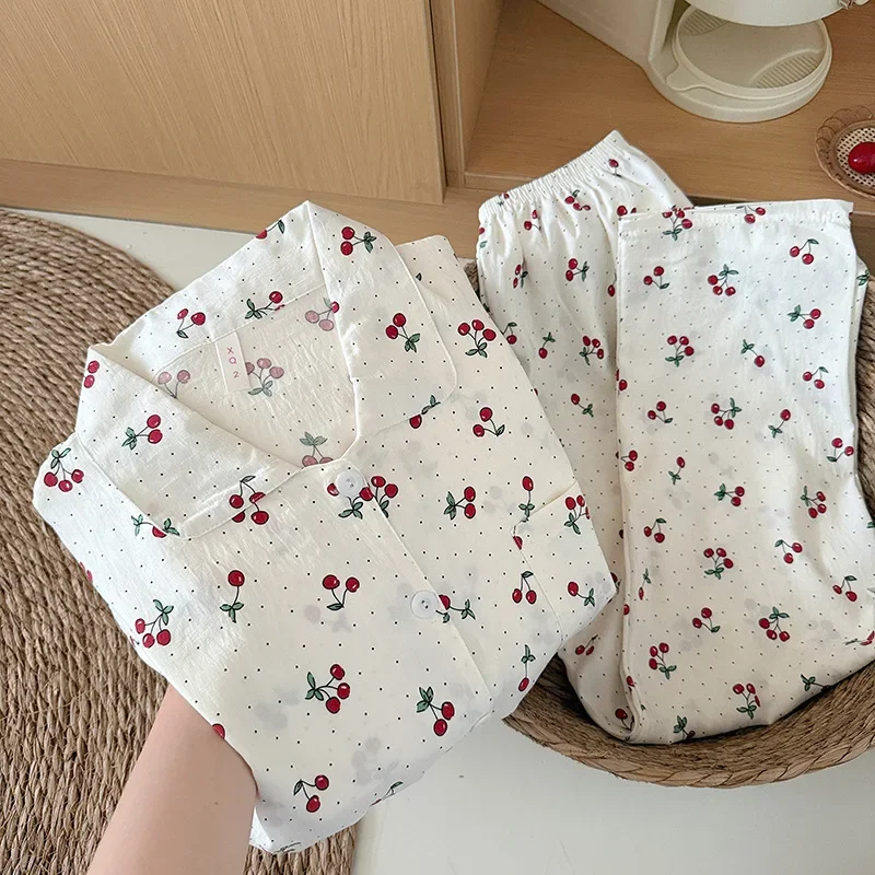 Korean Style Women's Spring Autumn New Arrival Comfortable Cherry Floral Trim Sleepwear Set Casual Home Clothes