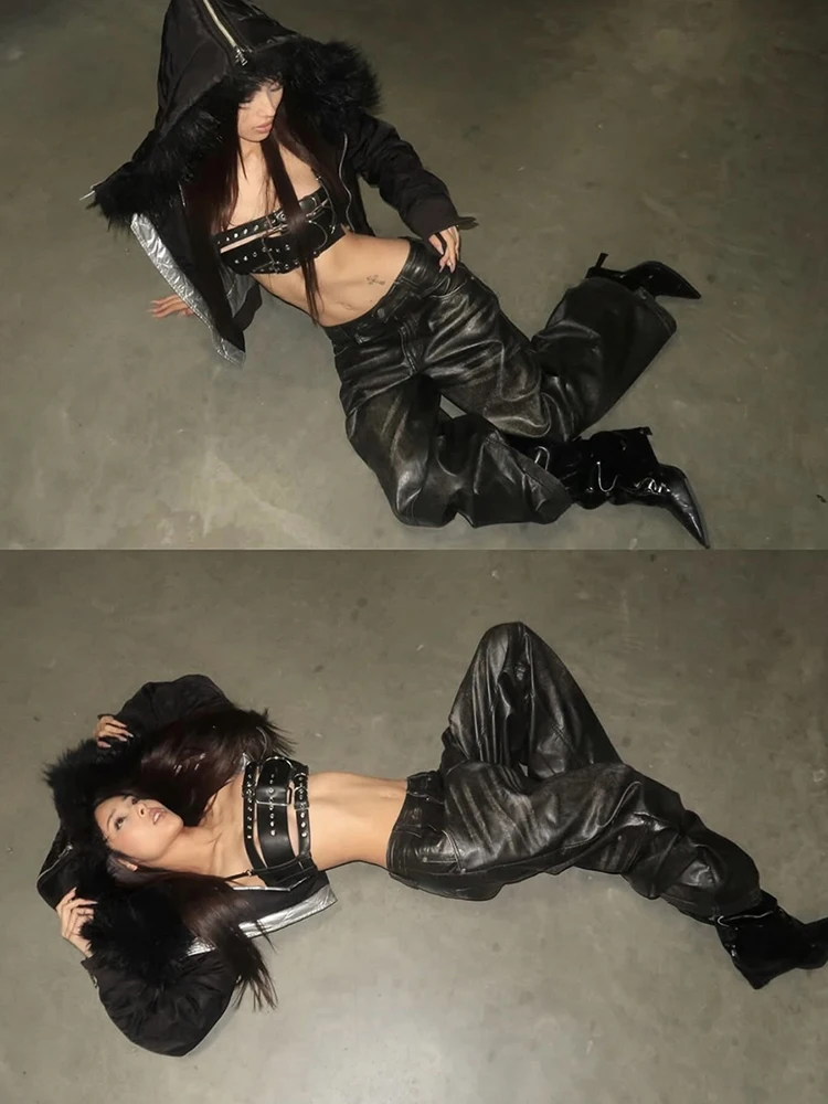 سترة علوية مجوفة من جلد البولي يوريثان من Sisterlinda سترة نسائية مثيرة بإبزيم معدني بدون أكمام من Coquette منتصف الليل للحفلات والنوادي Hottie Punk Style Vest #3