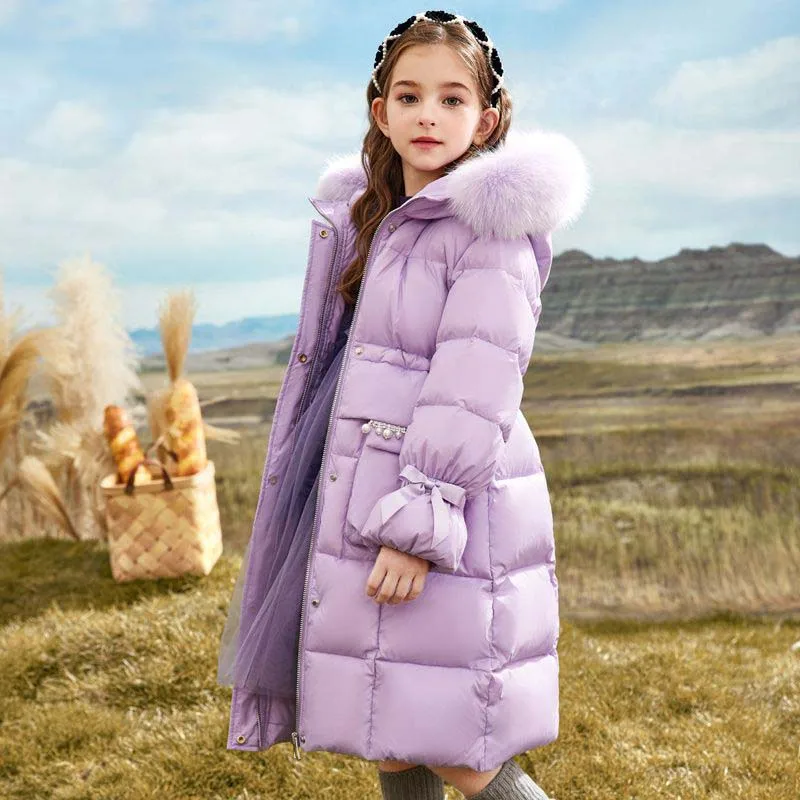 

Winter Girls Down Jacket Warm Kids Long Style Parka with Fur Collar Hooded Zipper Coat Girls Outerwear Thicken Kids Clothes Xmas