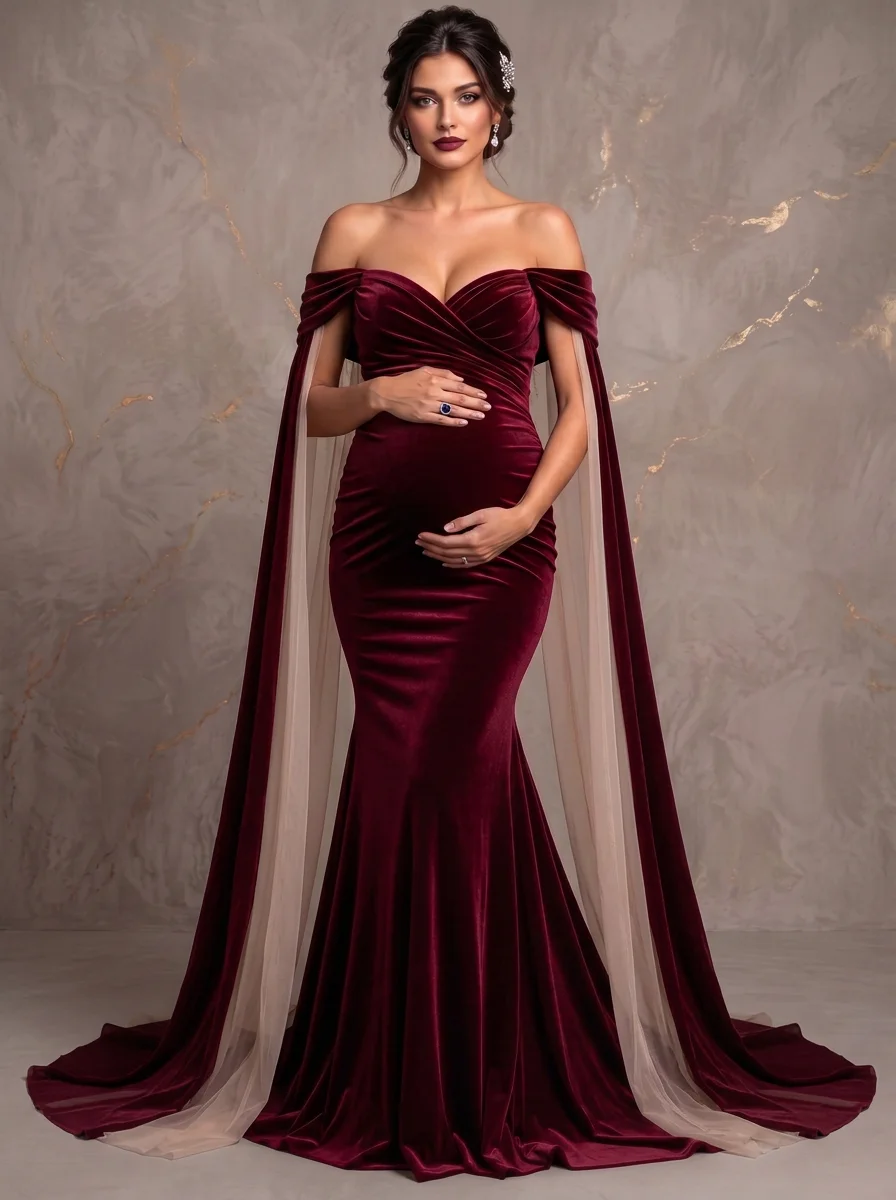 Burgundy Velvet Maternity Gown for Photoshoot Long Cape Sleeve Pregnancy Photography Gown L-26948