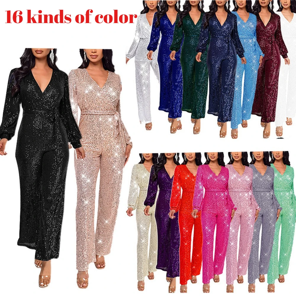 

Sexy Deep V Neck Jumpsuit for Women with Sequins Belt, Long Sleeve Bodysuit 2025 Party Clubwear, Elegant Evening Dinner Jumpsuit