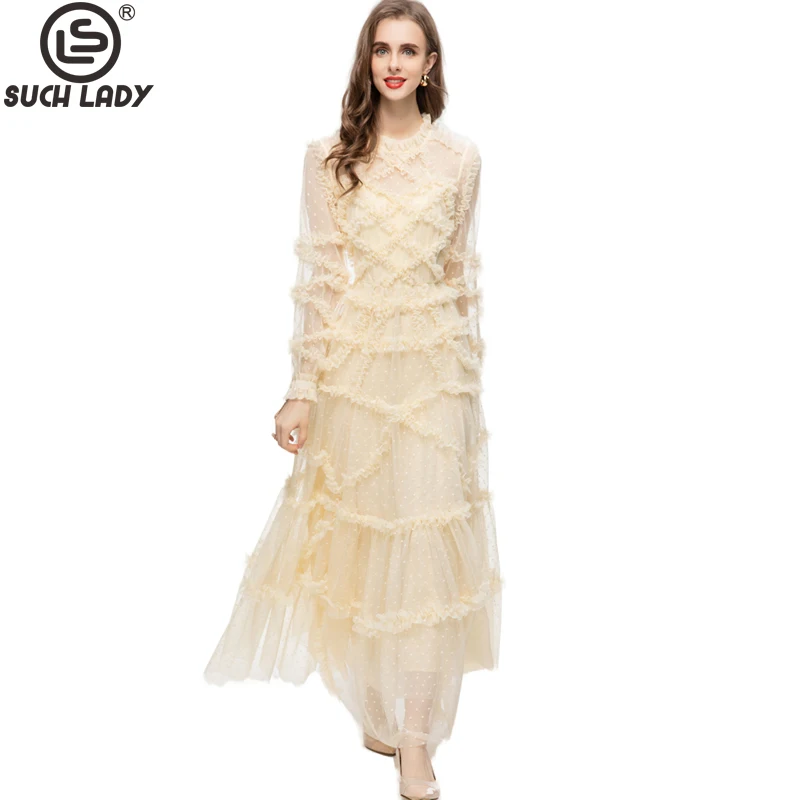 

Women's Runway Dresses O Neck Long Sleeves Ruffles Plaid Fashion Designer Maxi Vestidos Party Prom Gown