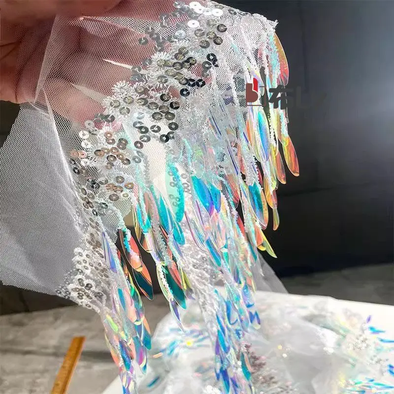Holographic Laser Tassel Sequin Mesh Lace Trim Tassel Fringe for Stage Dance Costume Decoration DIY Garment Sewing Accessory