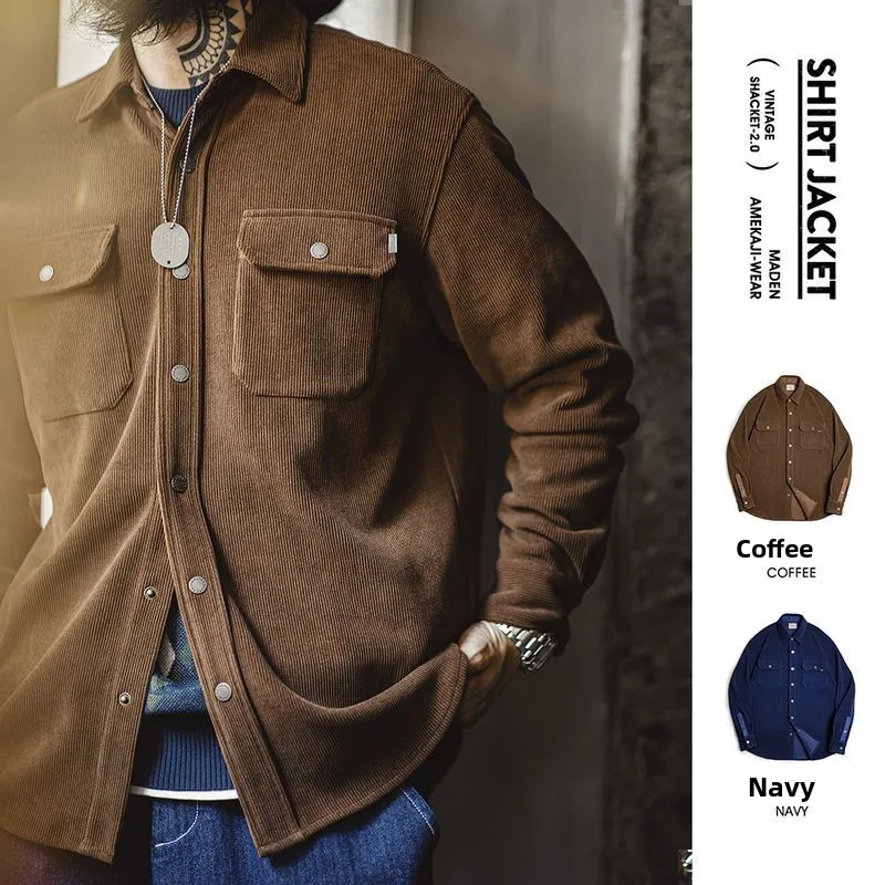 

Мужская вязаная вельветовая куртка Maden в стиле ретро, американская верхняя одежда из тяжелого вельветового цвета с воротником-стойкой на осень...