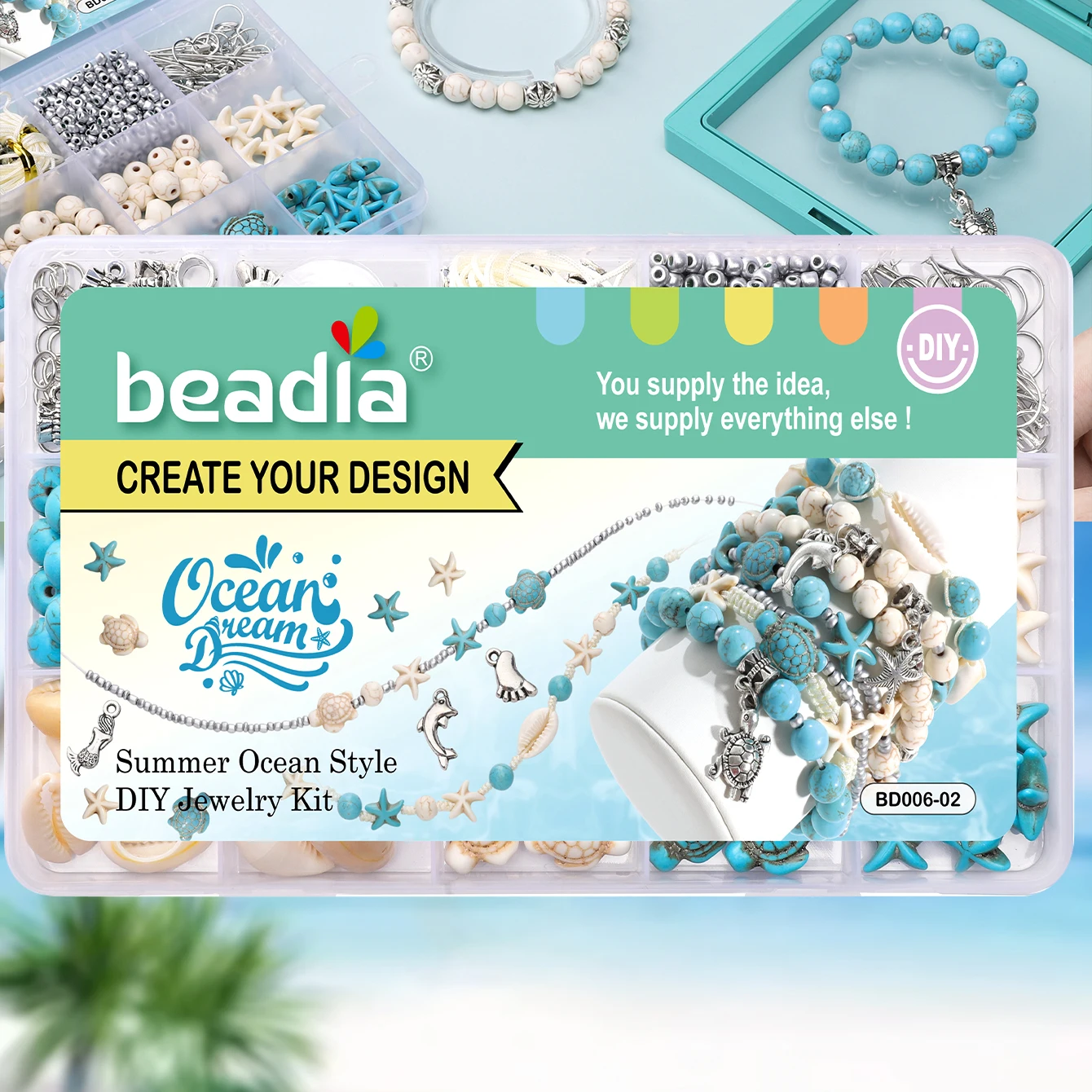 715Pcs Turquoise Ocean Blue White Summer Beach Bead Kit, Turtle Shell Starfish Shape Beads for DIY Jewelry Making Bracelets Earr image 6