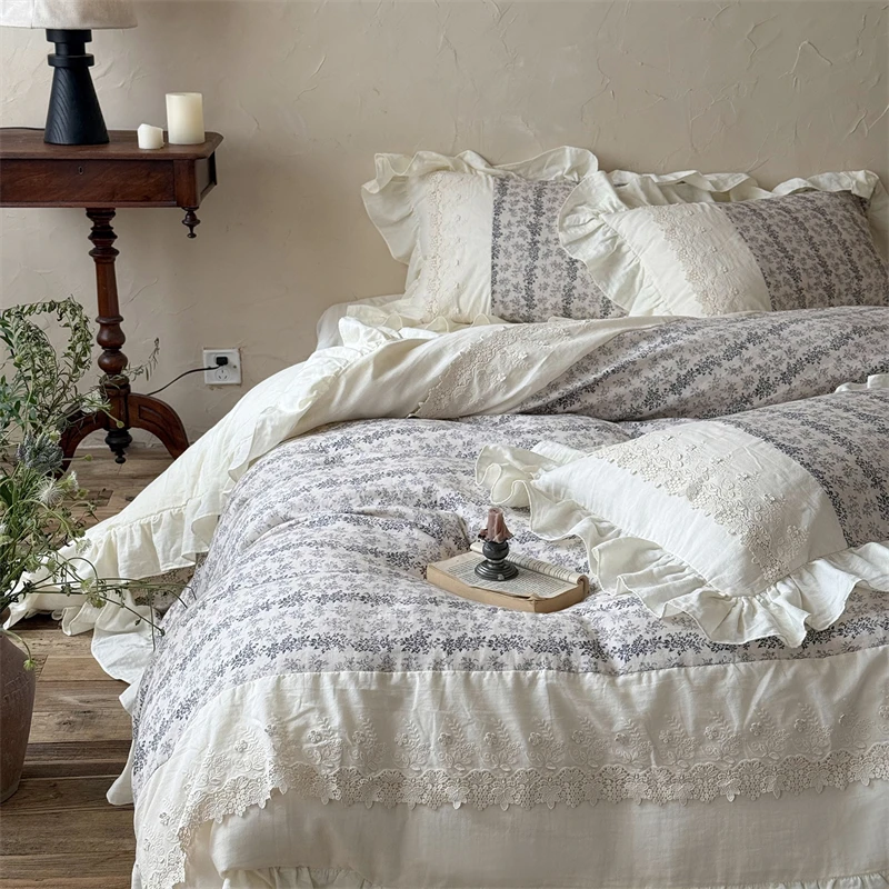 Vintage French Prints Lace Ruffles Bedding Set Double Layer Yarn 100% Cotton Duvet Cover Flat/Fitted Bed Sheet Pillowcases 4Pcs
