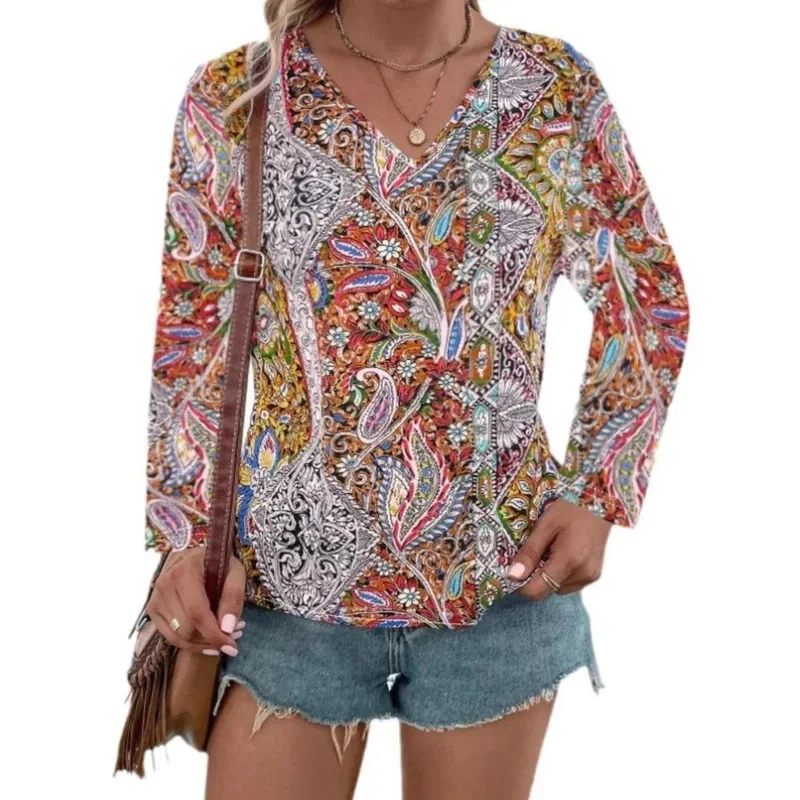 2025 أوروبا وأمريكا النساء بلايز الربيع الساخن بيع تي شيرت بوهو بلوزة بيزلي مطبوعة الخامس الرقبة طويلة الأكمام الملابس النسائية