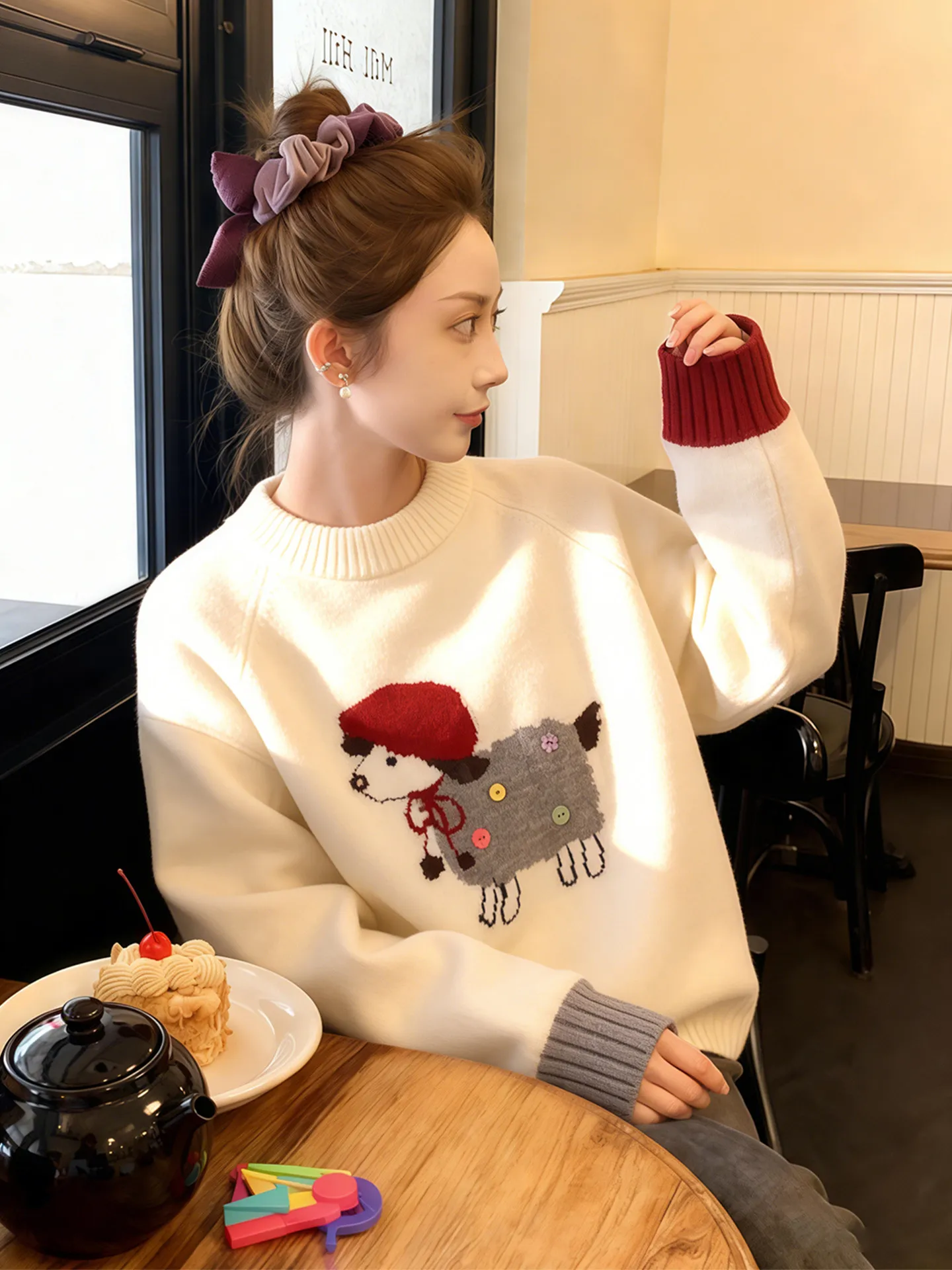 

Korean Sle round Ne Sweater Women's Spring Cartoon eep Embroidery 3D Button Knitted irt Trendy Color Blo Design