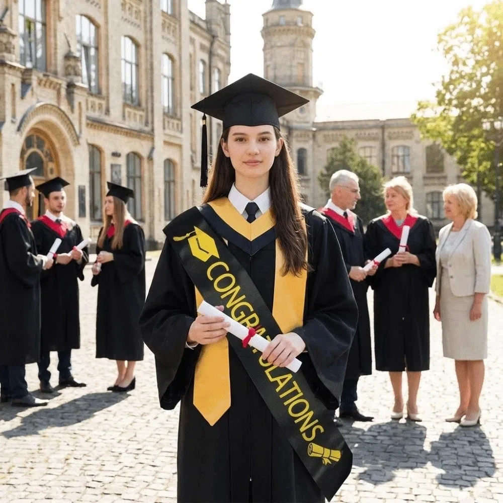 

Black Golden Graduation Set Badge With Tassel Tassel Bachelor Cap Plain Cloth Class of 2026 Satin Graduation Shoulder Strap