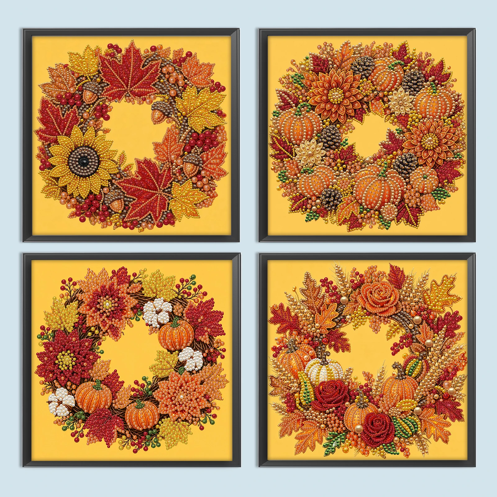 DIY Pearl Painting Kit Autumn Maple Leaf Wreath Self-Adhesive Canvas 3D Art Craft with Hoop Frame