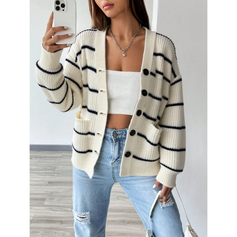 

YQ1-TKVersatile Loose Striped Sweater New Autumn Winter Casual Versatile Lazy Style Knitted Cardigan Jacket