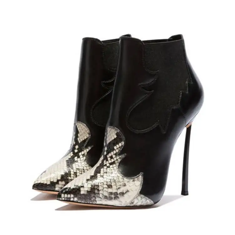 

Faion Boots Women's Mid-Calf Pointed Snake Skin Pattern Color Blo Thin Heel Boots PU Material Winter High Heel Rubber Sole