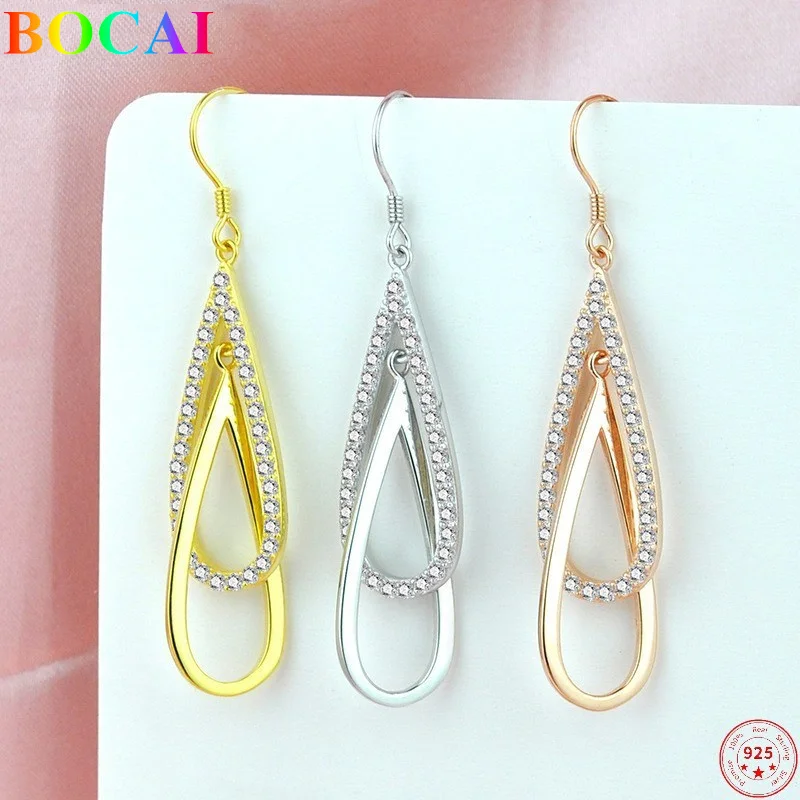 

BOCAI Real Sterling Silver S925 Ear Drop 2022 New Fashion Women's Thai Silverdouble Water-Drop Earrings Girl Valentine's Gift