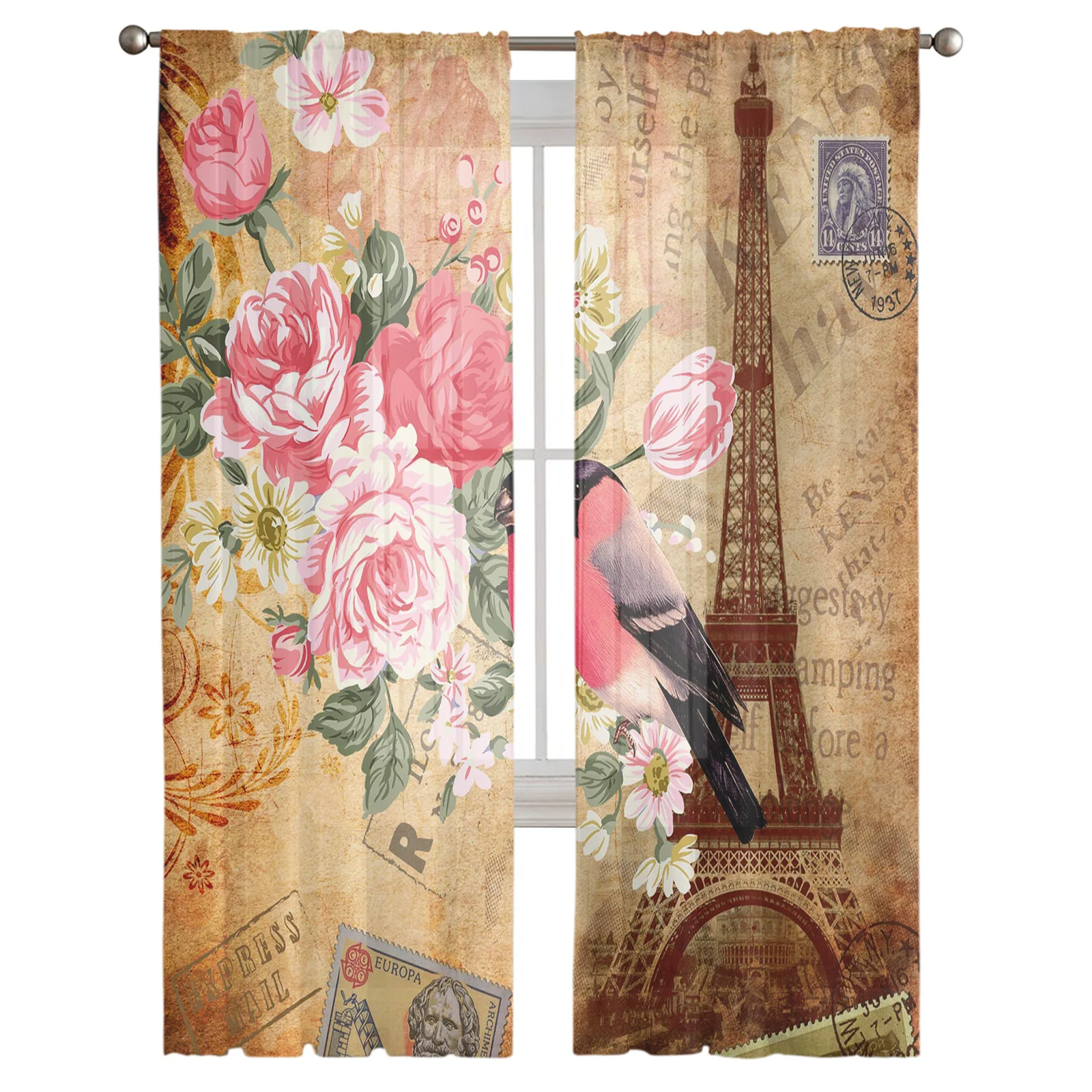 Flower Bird Eiffel Iron Stamp Window Treatment Tulle Modern Sheer Curtains for Kitchen Living Room Bedroom Curtains Decor