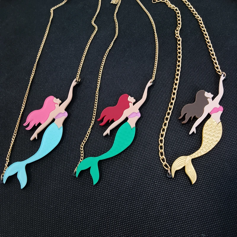 KUGUYS Mermaid Big Pendant Necklaces Fashion Acrylic Women Jewelry Trendy Blue Green Gold Color Fairy Accessories