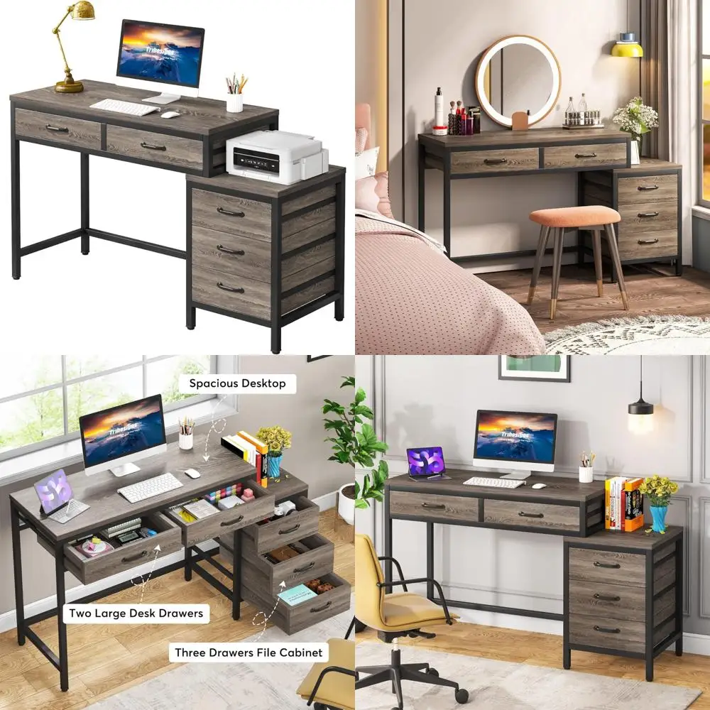 

5-Drawer Home Office Desk with Reversible Cabinet and Printer Stand, Industrial Style PC Desk