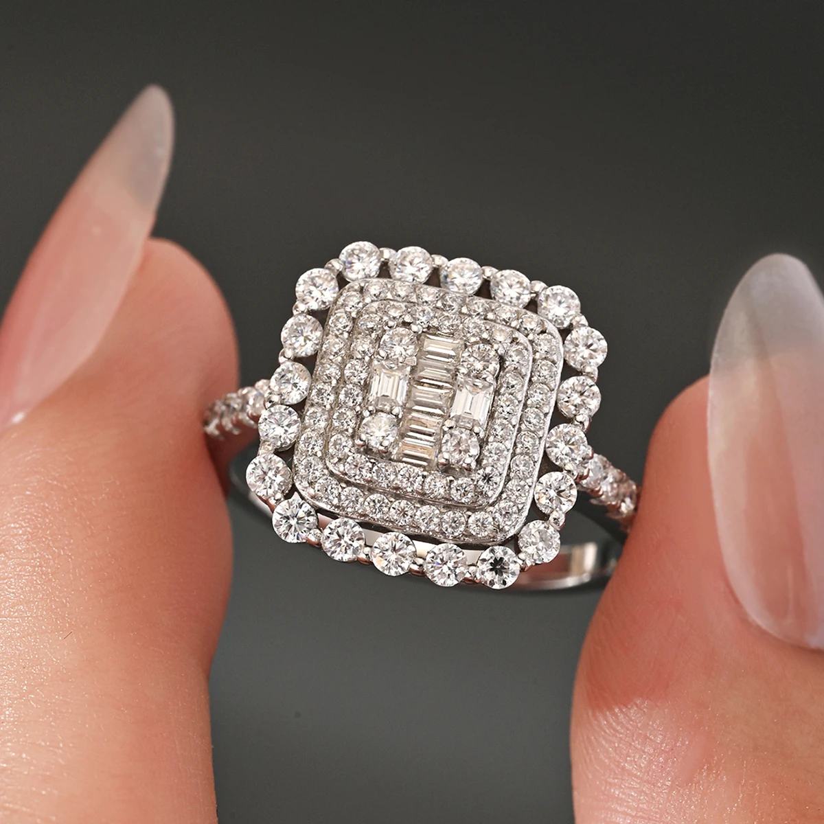 

S925 sterling silver plated with 18K white gold square sparkling ring fully set with moissanite diamonds 1.1ct for wedding