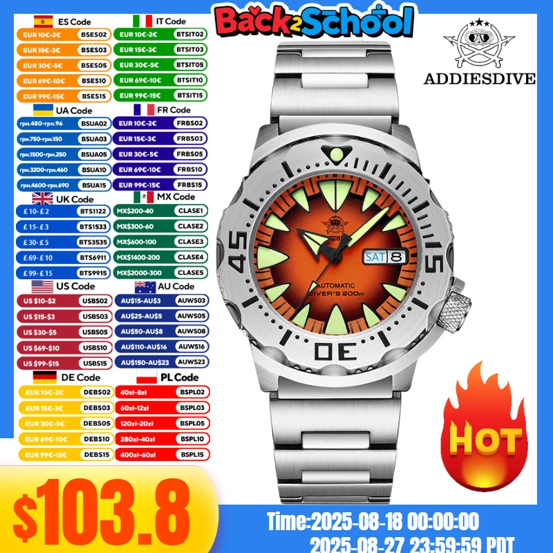 

ADDIESDIVE Men's Monster Watch C3 Super Luminous Dial NH36A Sapphire Crystal 20Bar Automatic Mechanical Watch reloj hombre