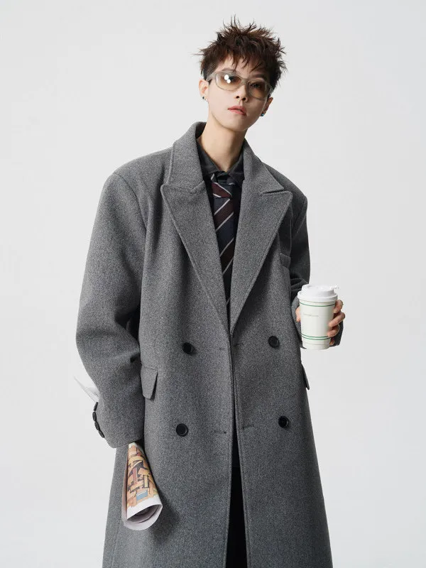 

Trendy Briti Sle Men's Overcoat Knee-Length Woolen Coat Faionable Urban Youth Long Sve Double Breasted Suit Collar