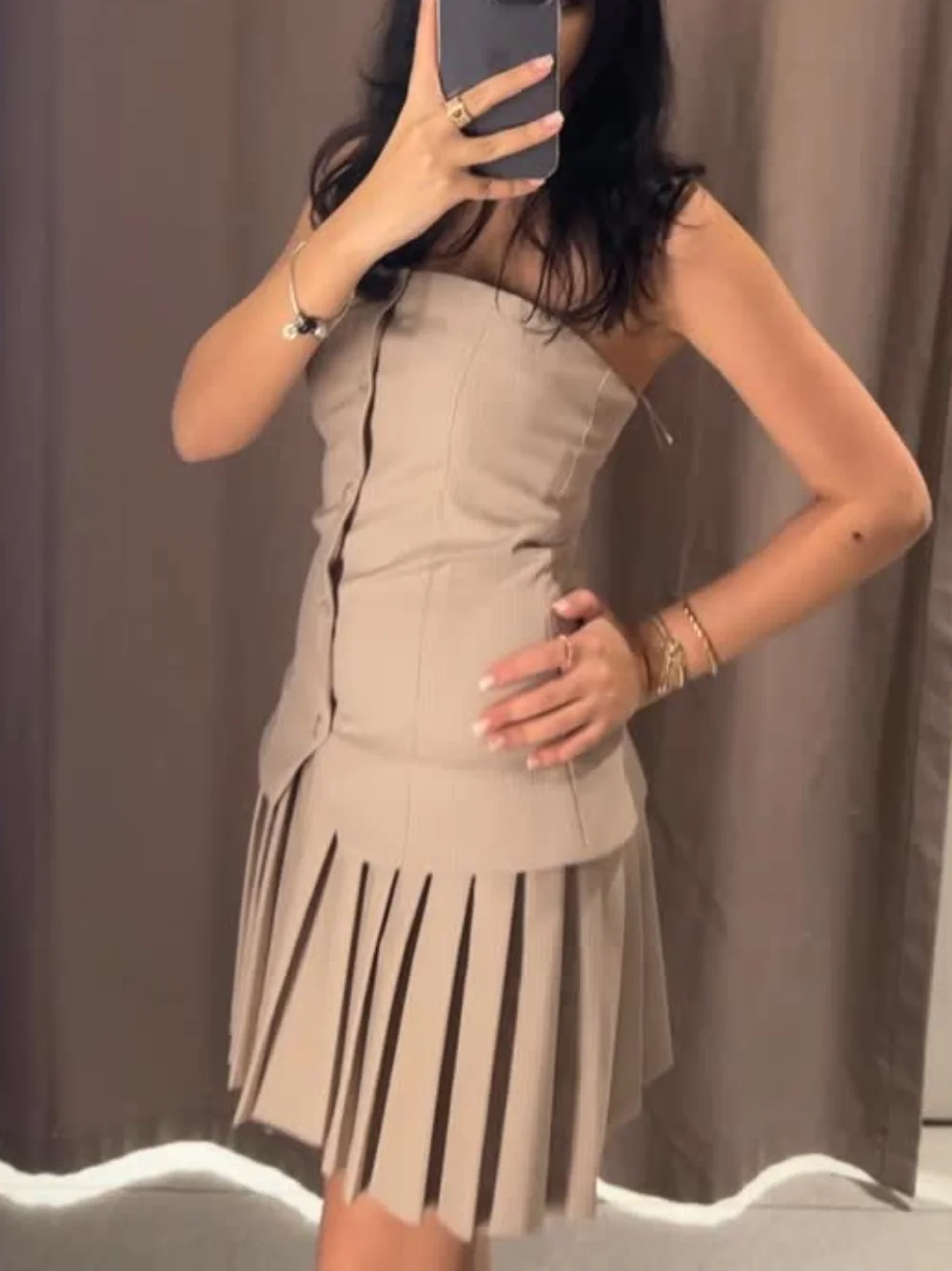 Woman Fashion Single Breasted Pleated Decoration Strapless Dress Women Summer Stripe Sleeveless Gingham Party Mini Dress