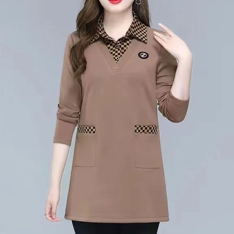 Blus kasual wanita, blus kotak-kotak warna polos, Blus Wanita kerah lipat, lengan panjang musim semi, musim gugur, baju Midi wanita bersaku