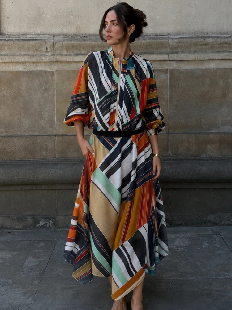 Casual Women Geometric Print Bomber Jacket Asymmetric Midi Skirt Set 2026 Spring Autumn Female Colorful Stripe 2-Piece Outfit view 2
