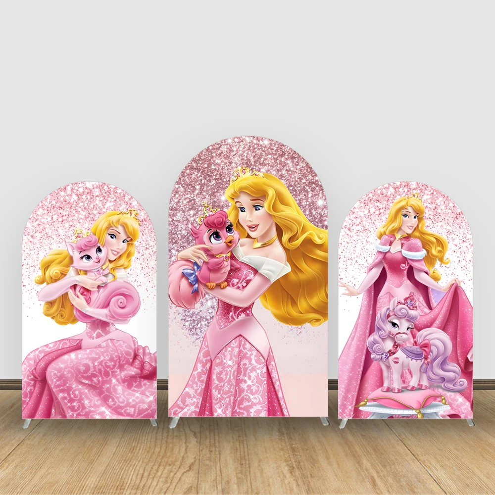 

Princess Theme Disney Aurora Arch Cover Wall Backdrop for Baby Shower Pink Glitter Background Child's Birthday Party Props