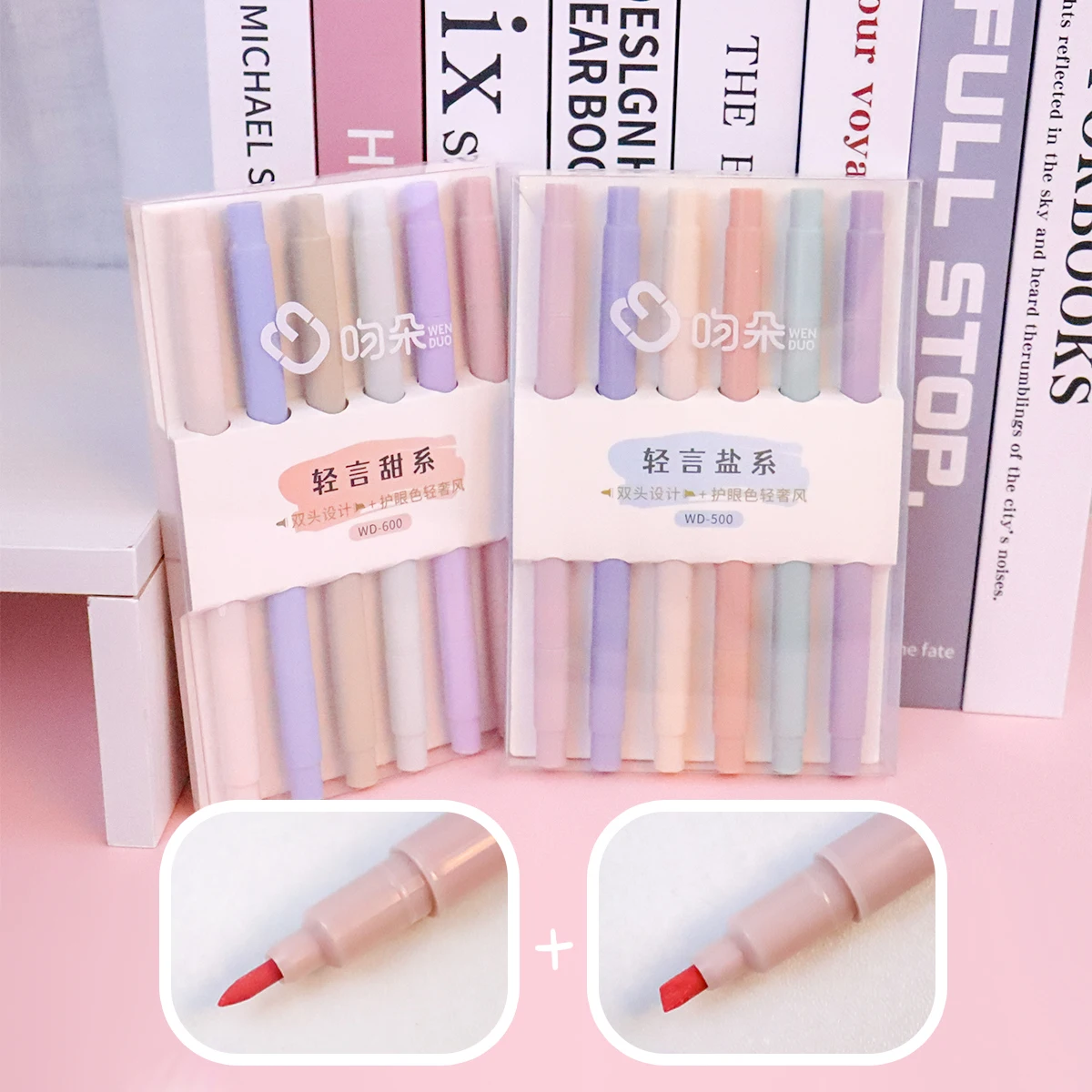 6 Pcs/Set Double Tip Highlighter Pens Kawaii Manga Markers Midliner Pastel Gel Set Stationery Journal Supplies Gel Pens