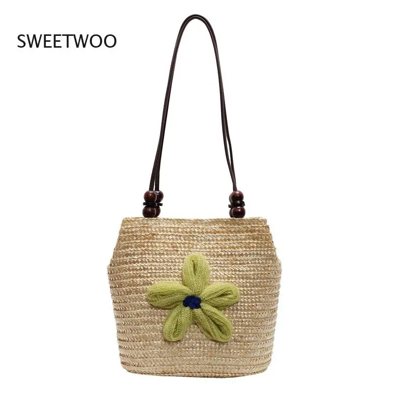 

Flower Applique Straw Drawstring Bag, Beach Woven Shoulder Purse