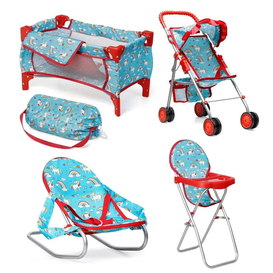 

n kolor 4 Piece Doll Play Set, Doll Accessories Gift, Toy Set Unicorn Design Includes, Doll Foldable Bed, Doll Stroller, Doll Hi