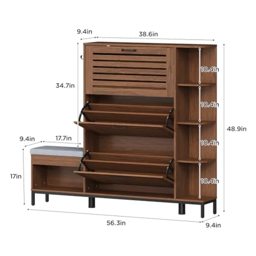 Entryway shoe cabinet with bench, engineered wood in walnut finish, narrow design with 3 flip louvered doors, upholstered beige