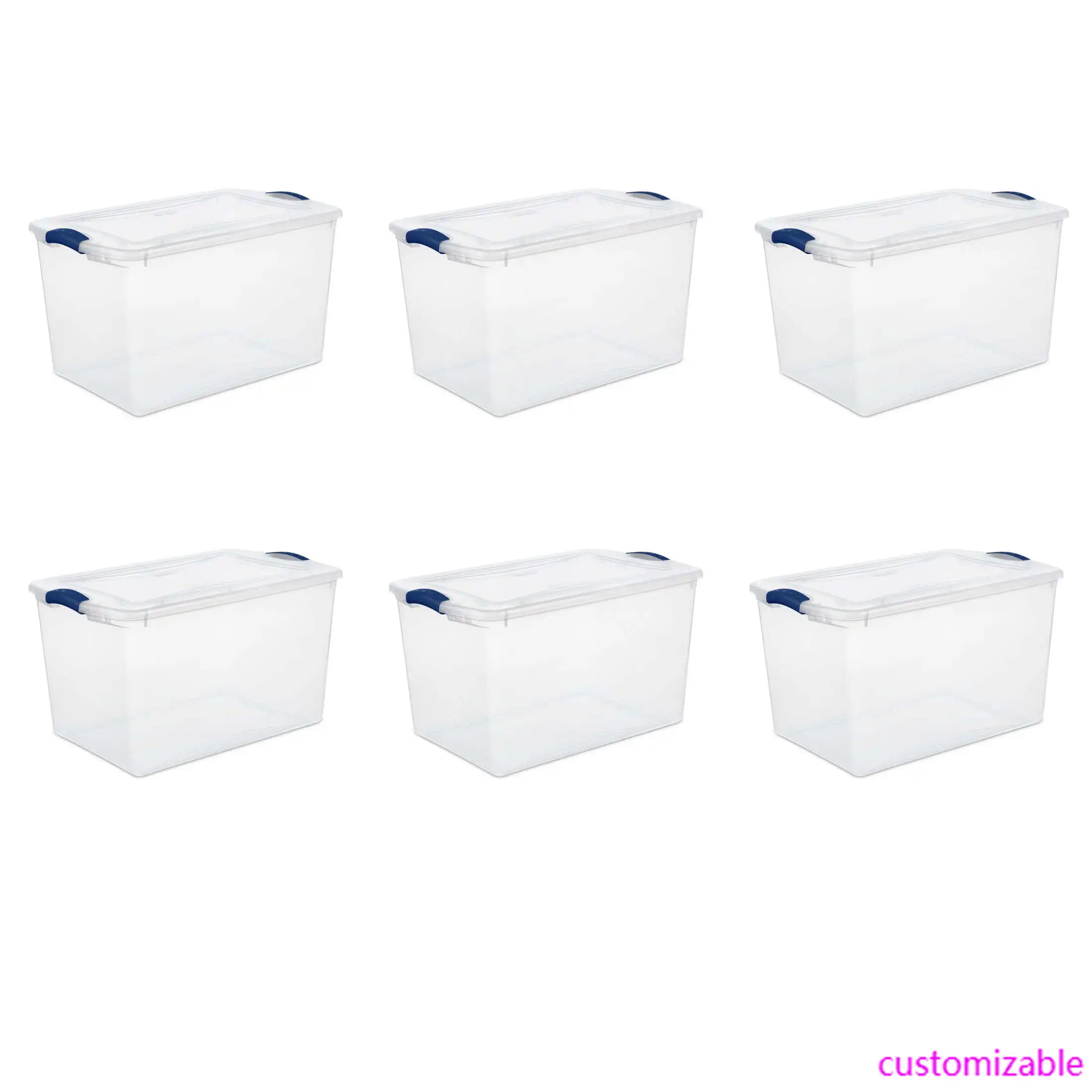حاوية تخزين بلاستيكية شفافة سعة 66 لترًا مع غطاء مزلاج، أزرق، 6 عبوات