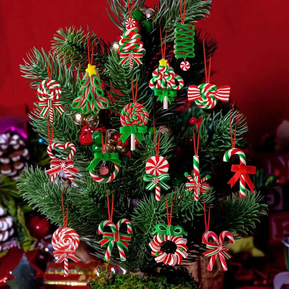 16/32Pcs Weihnachten Lutscher Ornamente Bunte Holz Zuckerstange Hängende Dekoration Polymer Clay Pfefferminze Anhänger Für Weihnachten baum