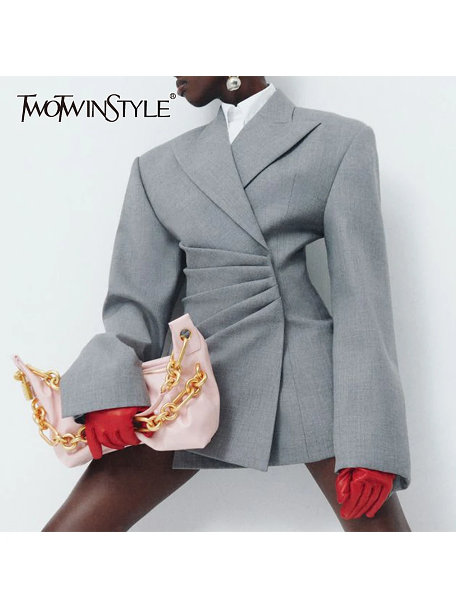 

TWOTWINSTYLE модные блейзеры для похудения со складками для женщин, туника с лацканами и длинными рукавами, дизайн Sense, блейзер, женская одежда, новинка
