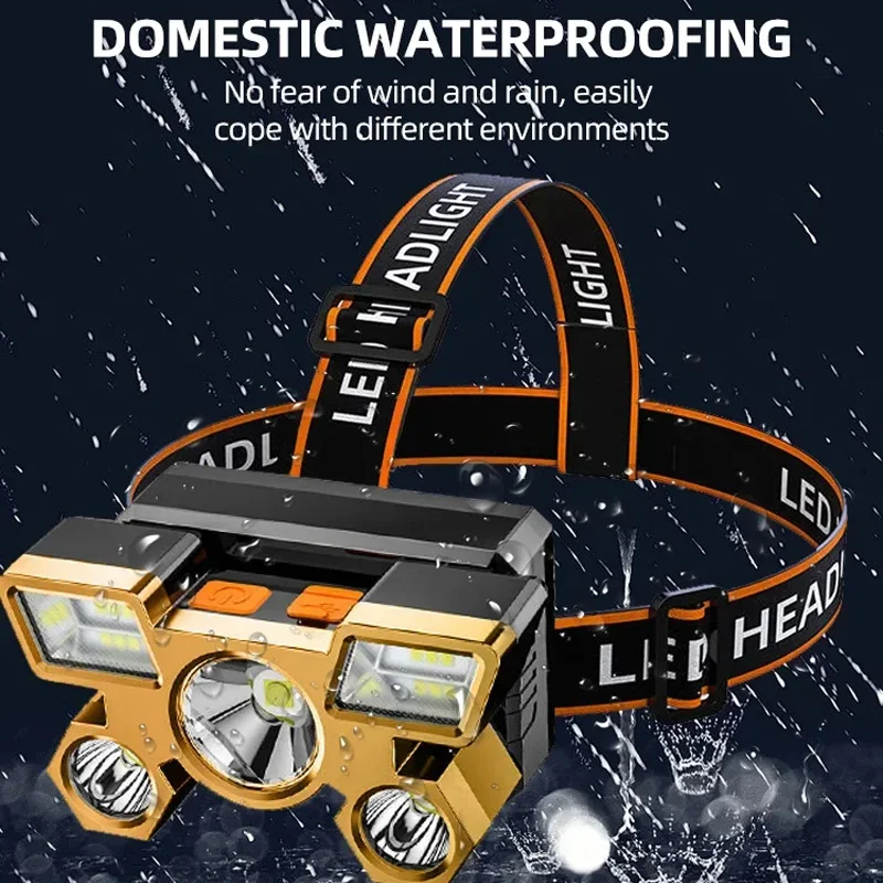 مصباح يدوي قوي بخمسة رؤوس قابل لإعادة الشحن، مصباح أمامي للصيد، مصباح أمامي للتخييم، شعلة صيد، فانوس ما قبل المشي لمسافات طويلة