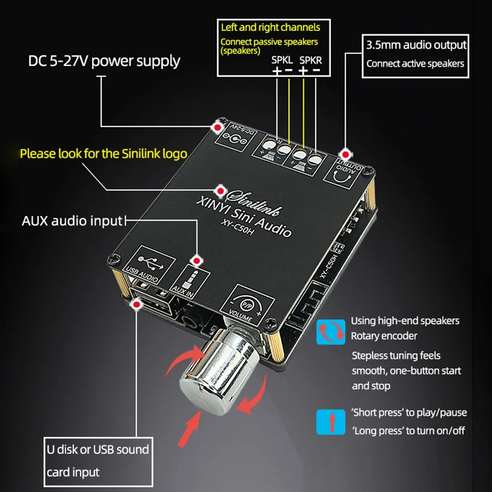 XY-C50H 50Wx2 Bluetooth 5.0 HiFi Wireless Audio Digital Power Amplifier Board TPA3116D2 Dual Channel Stereo Wireless Speaker